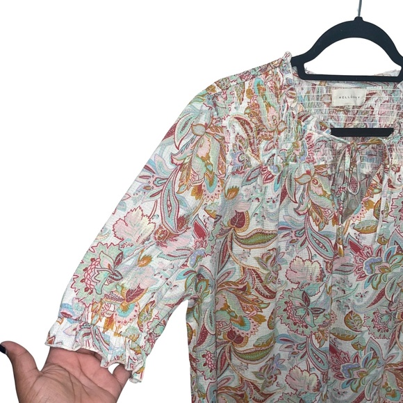 Melloday Women's Boho Floral Gauzy 3/4 Sleeve Blouse Sz L - Picture 2 of 12